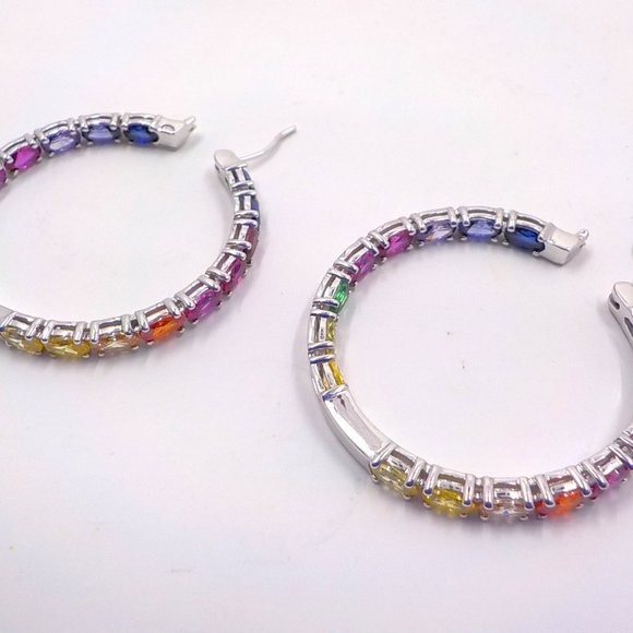 Created Gemstones Rainbow Channel Set Sterling Silver 1.5" Hoops Earrings - Picture 4 of 5